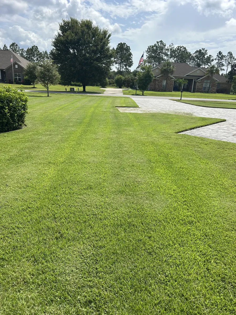 American flag flying over a freshly mowed neighborhood lawn in Freeport, Florida